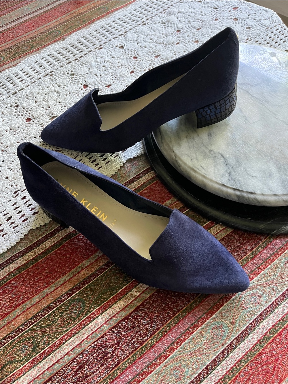 Anne Klein Navy Suede Pointed-Toe Low faux snake Block Heel shoe